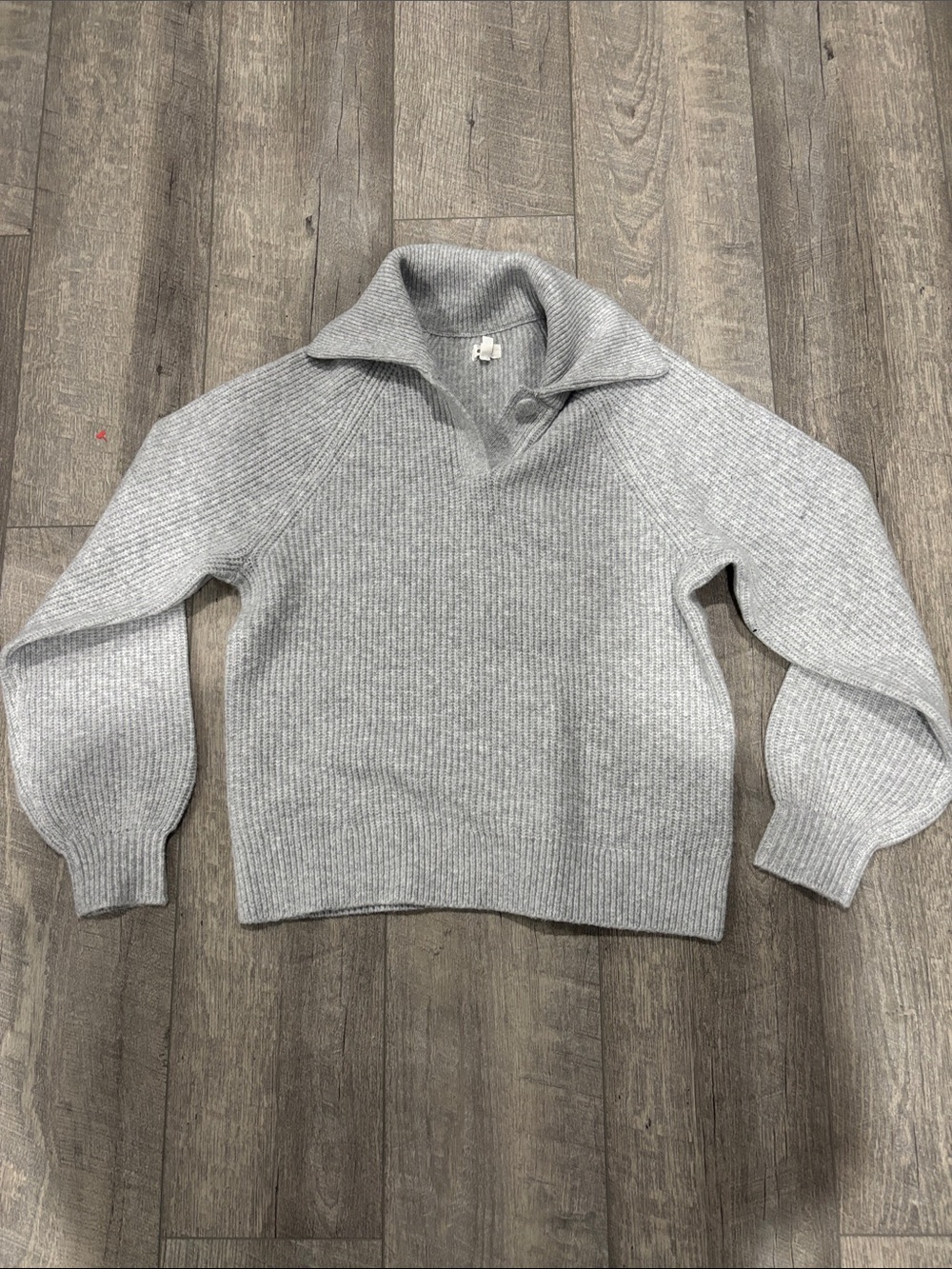 aerie Light Grey Ribbed V-Neck Fold Collar Sweater